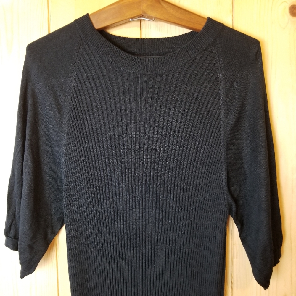 Vintage Y2K Murano Silk Black Ribbed Crewneck Short Sleeve Tunic Sweater - Picture 2 of 8